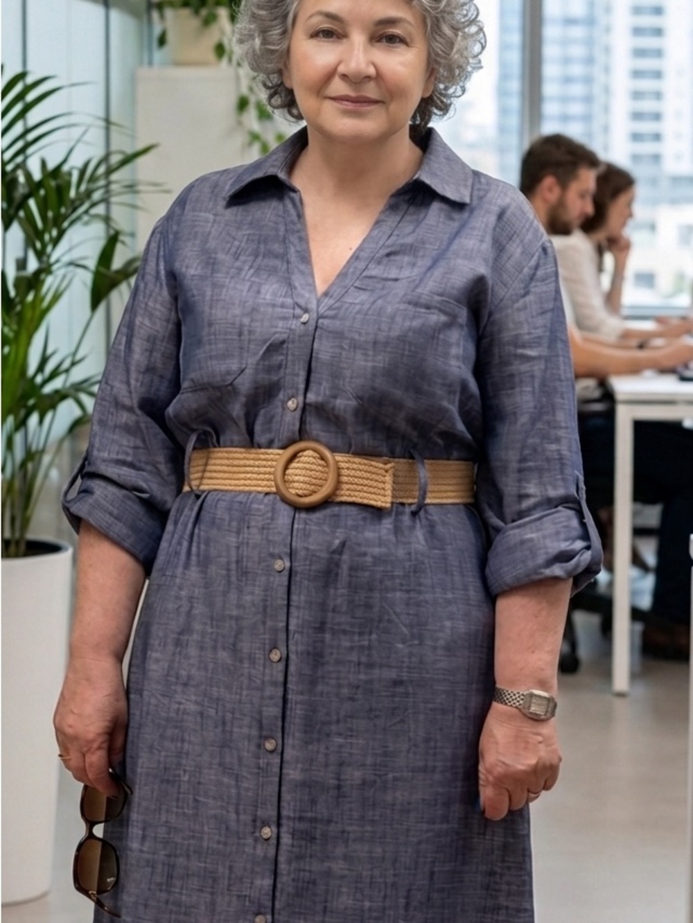 Zara Indigo Button-Front Midi Shirt Dress with Tan Woven Belt
